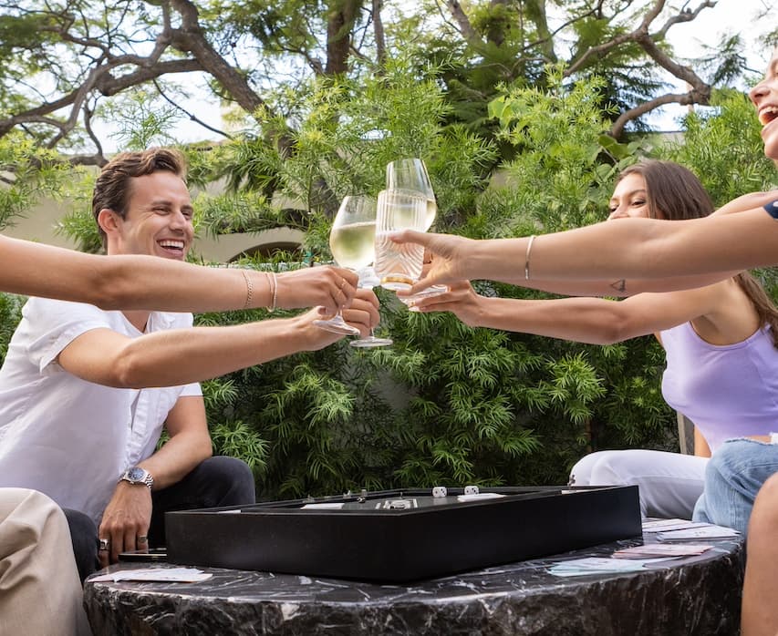 Friends clinking wine glasses and smiling around an outdoor table during a relaxed backyard gathering, with greenery in the background and a board game set between them.