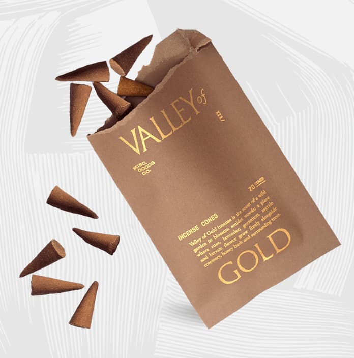 A bad of Valley Gold Incense cones