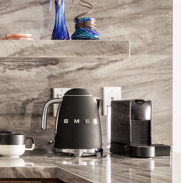 Smeg Kettle and coffee maker on a kitchen counter