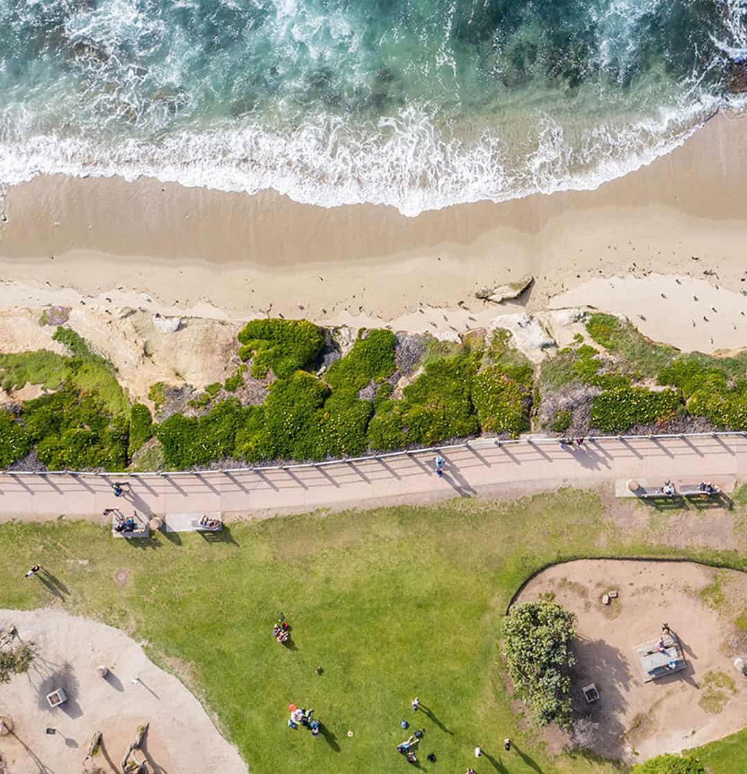 Aerial view of coast and park