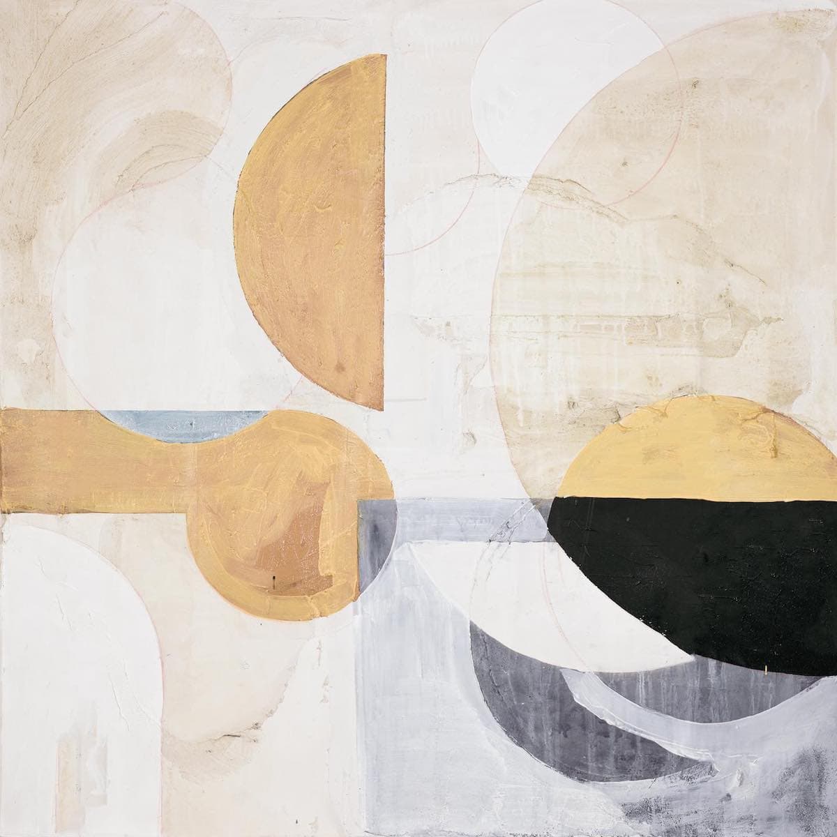 Abstract geometric artwork featuring soft neutral tones with curved shapes in beige, white, black, and muted blue