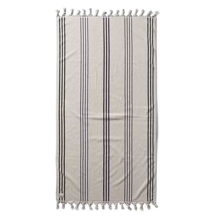 Neutral striped cotton throw blanket with tasseled edges, displayed flat on a white background for home décor styling