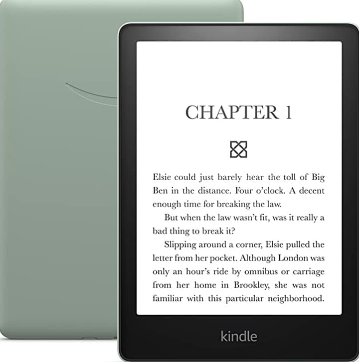 Kindle e-reader displaying the first chapter of a book, shown with a slim protective cover on a white background