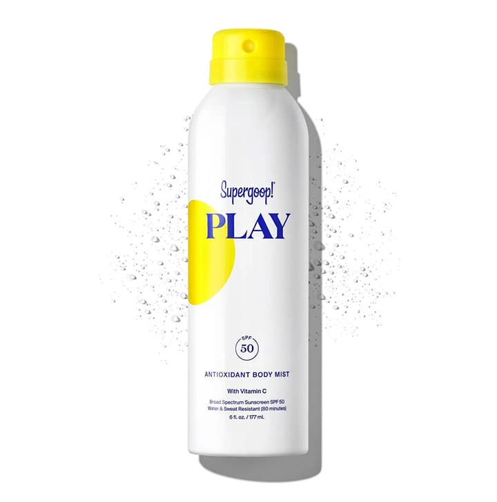 Supergoop! Play antioxidant body mist sunscreen SPF 50 bottle with yellow cap on a white background