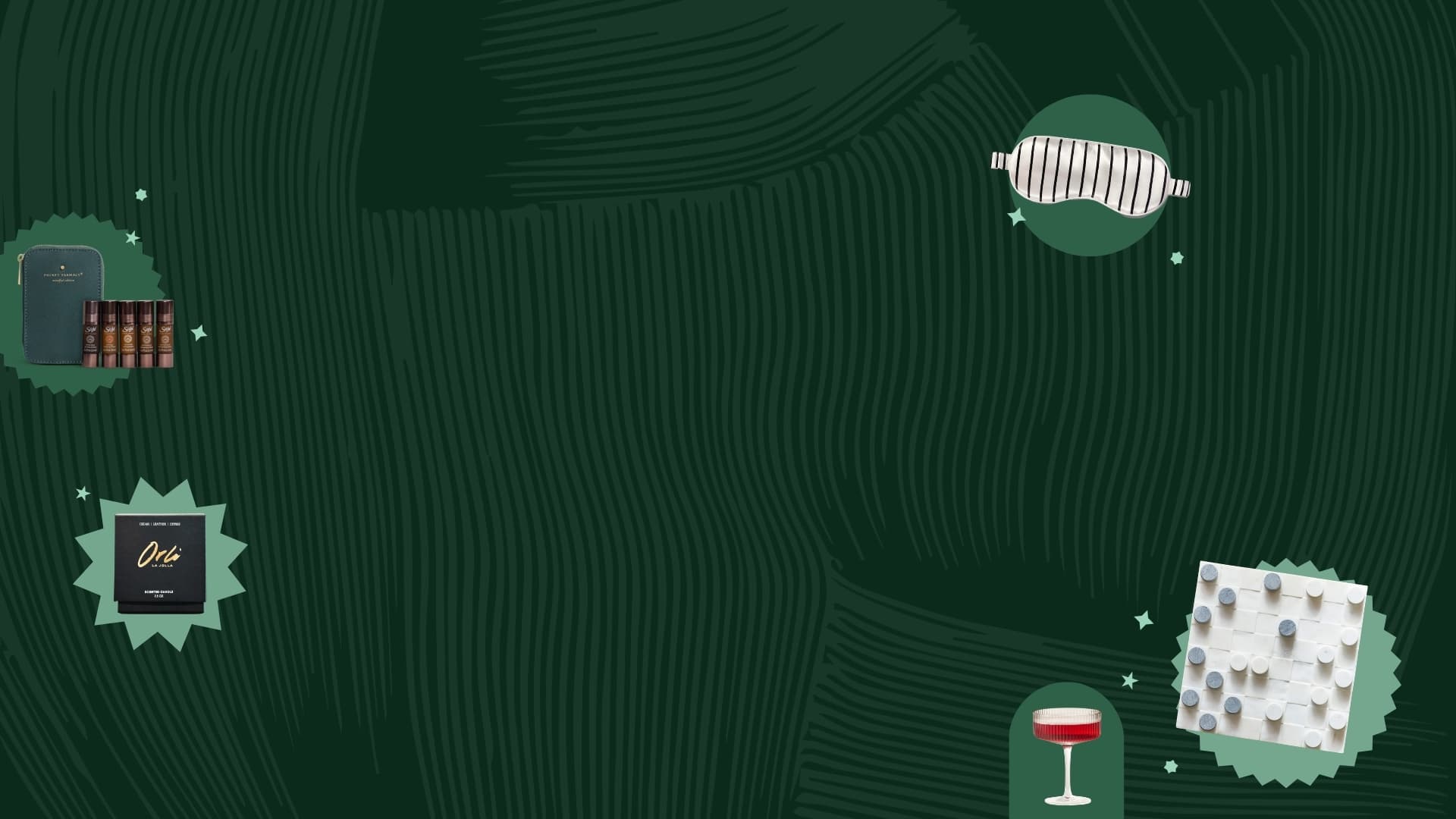 Abstract dark green patterned background with small illustrated icons scattered throughout, including playful decorative elements and minimalist symbols