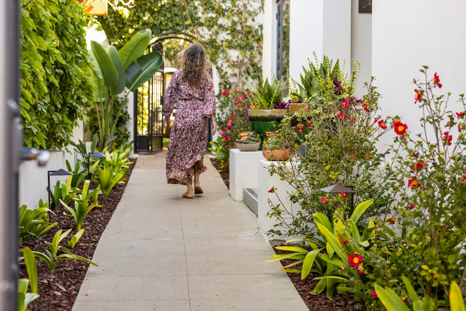 Person walking along a garden-lined pathway beside a white building