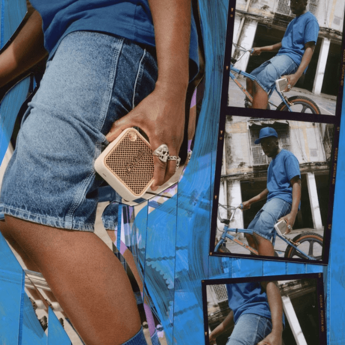 Person holding a small portable speaker while walking, with a collage-style background of repeated lifestyle images in blue tones