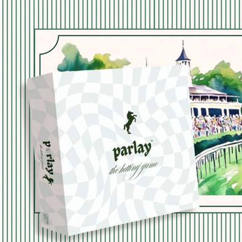 Illustrated Parlay gift box packaging featuring a green horse logo and elegant racecourse artwork, presented against a classic striped background.
